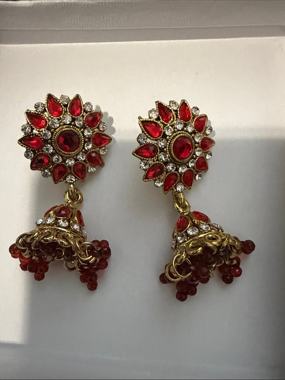 Red Crystal Jhumka Earrings - Unbranded